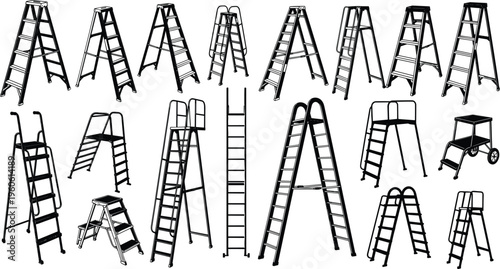Ladder silhouette vector set featuring step ladders, extension ladders, platform ladders, and rolling warehouse safety steps isolated on white background for industrial construction designs.