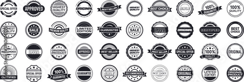 Vintage badge collection.Set of black and white retro style badges. Includes labels for quality, guarantee, sale, approval, and original
