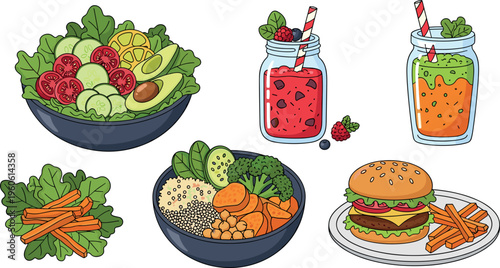 Healthy food collection with salad bowls smoothies burger vegetables and fresh ingredients vector illustration set for nutrition design