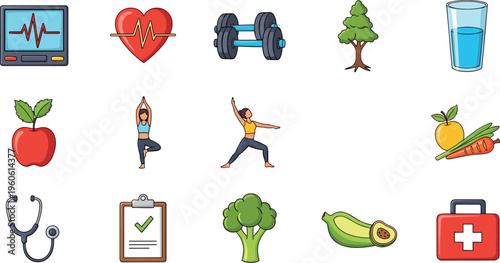 Healthy lifestyle icons set with fitness yoga nutrition medical and wellness elements colorful vector illustration collection isolated on white