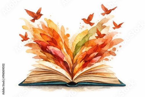 Watercolor open book with flying birds and autumn leaves, creative storytelling concept, magical literature illustration on white background