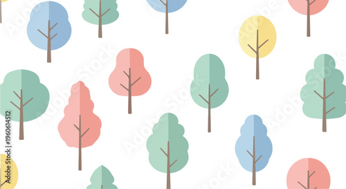 Seamless Vector Pattern of Pastel Colored Flat Design Trees on White Background