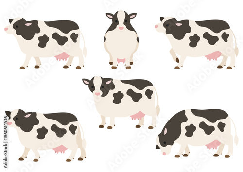 牛のポーズセット/かわいい家畜のベクターイラスト素材(6ポーズ)