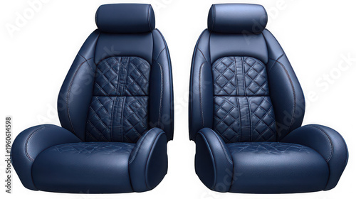 Two blue leather car seats with diamond stitching on transparent background