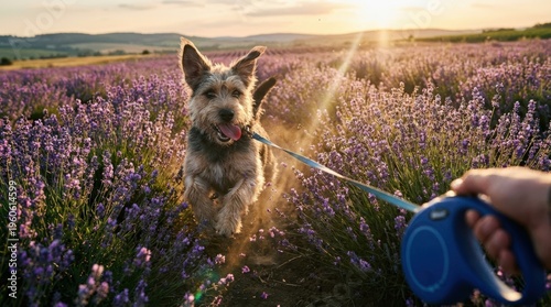Wallpaper Mural A cheerful dog on a retractable leash runs through a beautiful lavender field at sunset. Torontodigital.ca