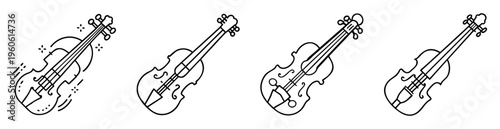 Group of four violin outlines in various styles on white background