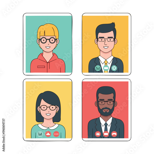 Four diverse people in video call squares, each with icons