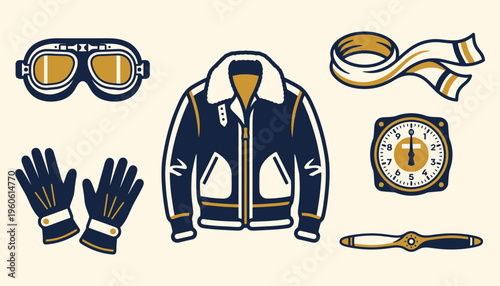 Retro aviation equipment illustration with bomber jacket and propeller