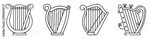 Collection of Stylized Outline Drawings of Lyre Musical Instruments with Variations