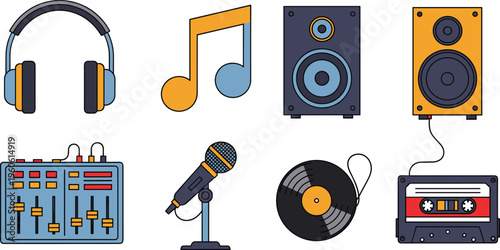 Music and Audio Equipment Icon Set Featuring Headphones, Speakers, Microphone, Mixer, Vinyl Record and Cassette Tape Isolated on White Background for Sound Design