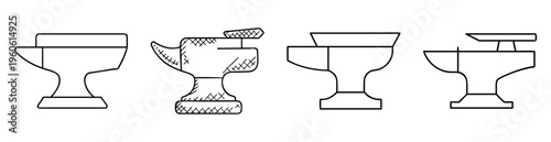 Four stylized blacksmith anvils in a row, various shapes and designs
