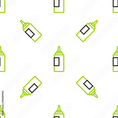 Line Sauce bottle icon isolated seamless pattern on white background. Ketchup, mustard and mayonnaise bottles with sauce for fast food. Vector