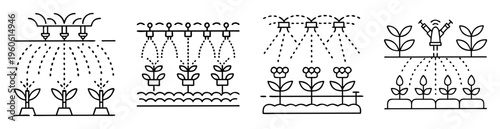 Four different illustrations of automated and innovative irrigation systems for agriculture