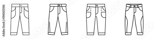 Line art of four pairs of pants with different pocket styles
