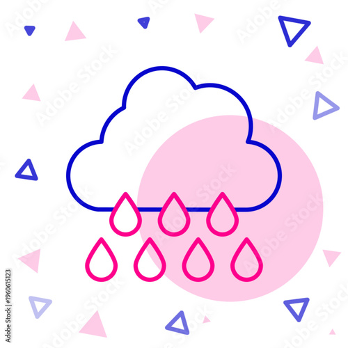 Line Cloud with rain icon isolated on white background. Rain cloud precipitation with rain drops. Colorful outline concept. Vector