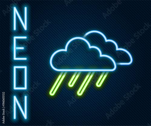 Glowing neon line Cloud with rain icon isolated on black background. Rain cloud precipitation with rain drops. Colorful outline concept. Vector