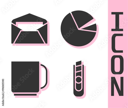 Set Stationery knife, Envelope, Coffee cup and Pie chart infographic icon. Vector