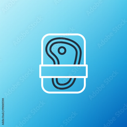 Line Meat packaging steak icon isolated on blue background. Fresh meat beef steak in plastic package. Organic product. Colorful outline concept. Vector