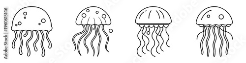 Black and white outline drawing of four different jellyfish illustrations