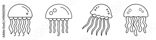 Black and white line art illustration of four different jellyfish shapes