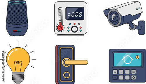 Smart Home and Security Icon Set Featuring Camera, Smart Lock, Thermostat, Speaker, Alarm Panel and Light Bulb Isolated on White Background for Technology Design