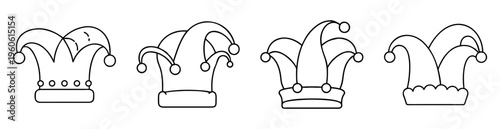 Line art illustration of four different designs of jester hats on a white background
