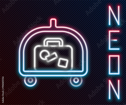 Glowing neon line Hotel luggage cart with suitcase icon isolated on black background. Traveling baggage sign. Travel luggage icon. Colorful outline concept. Vector
