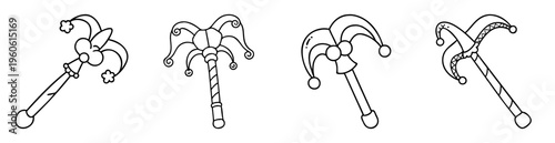 Collection of whimsical jester scepters or harlequin wands in outline style