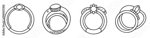 Stylized Outline of Four Rings with Different Settings and Band Details