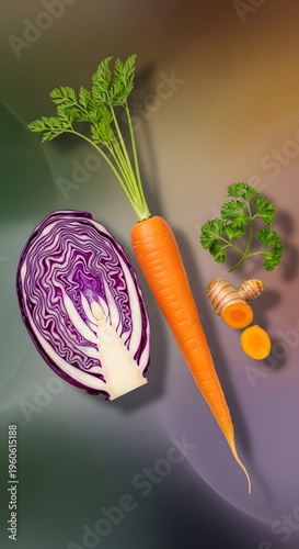 Red Cabbage Carrot design featuring fresh vegetables on a wooden table background for healthy organic food photography and cooking