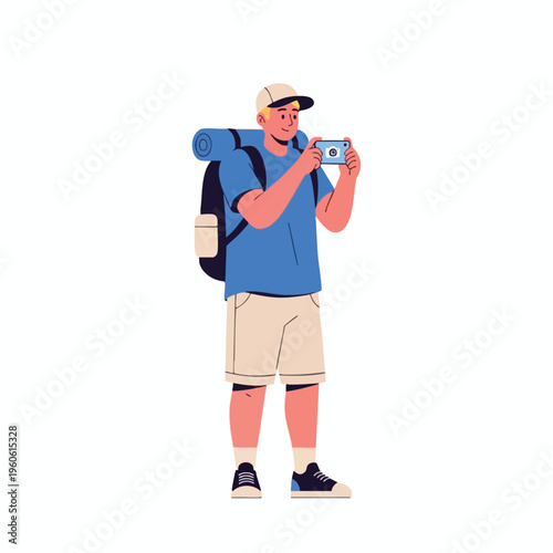 A smiling young traveler with a backpack takes a picture with a phone