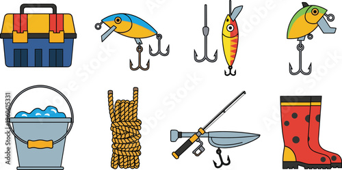 Fishing Gear and Equipment Icon Set Featuring Lures, Hooks, Rod, Rope, Bucket, Tackle Box and Rubber Boots Isolated on White Background for Outdoor Design Projects