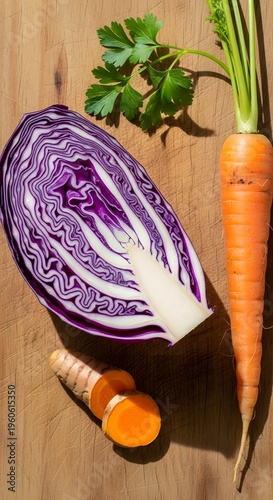Red Cabbage Carrot design featuring fresh vegetables on a wooden table background for healthy organic food photography and cooking