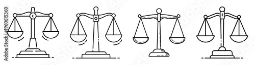 Four stylized scales of justice depicting law, equality, and fairness concepts