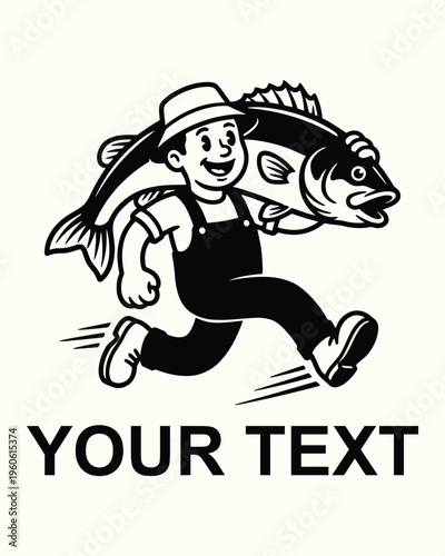 Retro fisherman mascot carrying a large fish vector logo