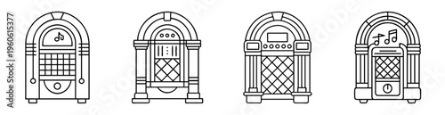 Line art illustration of four retro jukeboxes, vintage music selection