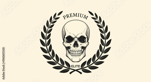 A detailed, vintage-style black and white design featuring a skull at the center, surrounded by a laurel wreath and the words 'Premium' and 'Elite,' creating a badge or emblem.