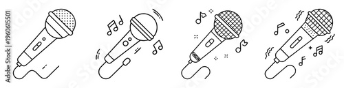 Four microphones in a row with musical notes and sound waves