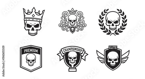 Set of six stylized skull logos featuring various designs, including crowns, laurel wreaths, ribbons, and shield elements, rendered in a detailed, black and white minimalist line art style, 