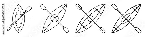 Simple line art illustration featuring four different kayak designs with paddles