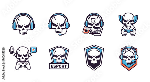 A collection of stylized, vector illustrations presenting a skull character with various gamer accessories, engaged in activities like streaming, gaming, designed for esports teams and brand