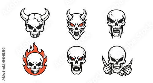 A collection of stylized and detailed skull vectors in monochrome and color variations with different expressions and elements, perfect for design, tattoos, or game assets.