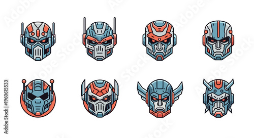A detailed and eye-catching set of eight futuristic cyborg or robot helmet designs, showcasing intricate mechanical details and vibrant color schemes on a crisp white background for conceptu