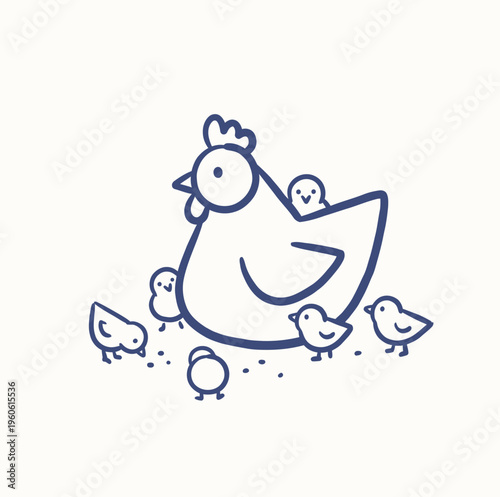 Hen mother watches over her group of small chicks pecking at scattered seeds on a simple background.