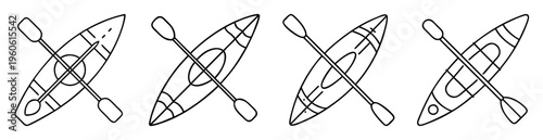 Line art illustration showcasing four stylized kayaks with paddles in black and white