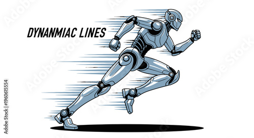 Dynamic action illustration of a futuristic, chrome-plated robot sprinting at high speed, showcasing the concept of advanced technology and speed with blurred motion lines, on a clean, white