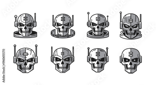 Futuristic Skull Icon Set Collection Diverse Cyborg Head Designs for Science Fiction and Technology Themes