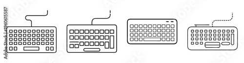 Four different stylized keyboard illustrations in a minimalist black and white style