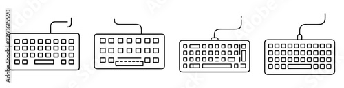 Outlined illustration showcasing multiple keyboard designs featuring distinct key arrangements