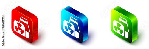 Isometric Nuclear power plant icon isolated on white background. Energy industrial concept. Red, blue and green square button. Vector